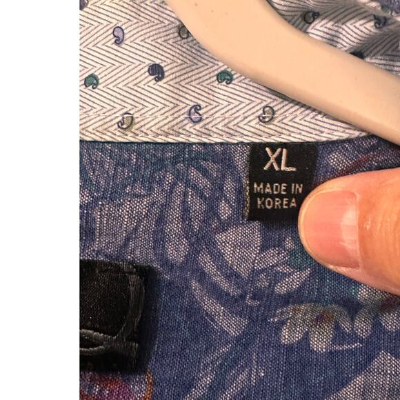 QUIETI Blue Floral Soft SS Cuffed Button Up Men's Shirt 100% Fine Cotton, XL - Picture 6 of 7